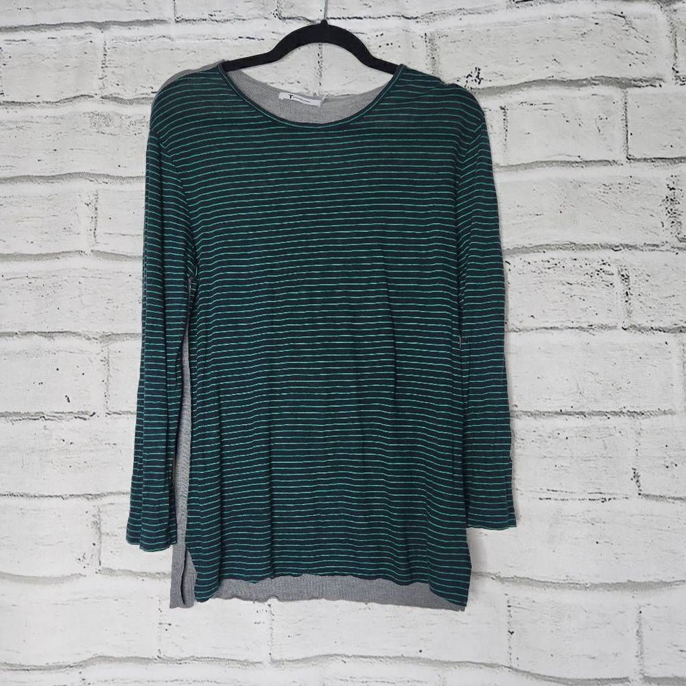 T Alexander Wang Striped Linen Silk Blend Knit Long Sleeve Shirt Blue Green